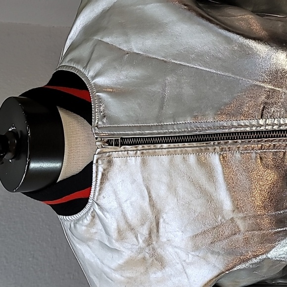 Silver metallic bomber jacket kids large black red stripes Haoduoyi brand - Picture 5 of 17